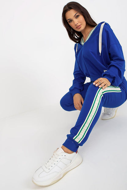 Sophisticated blue hoodie sweatshirt set showcasing a casual yet fashionable look, featuring slip pockets on the stylish long pants, ideal for upscale loungewear.