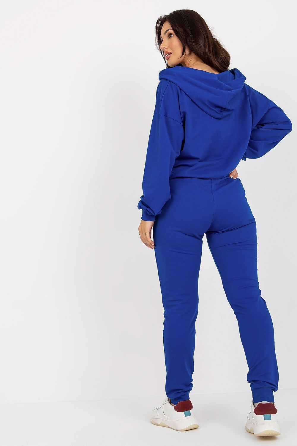Fashion-forward blue cotton-blend sweatshirt set with a hood and matching long pants, enhancing elegance with contemporary side stripe detailing.