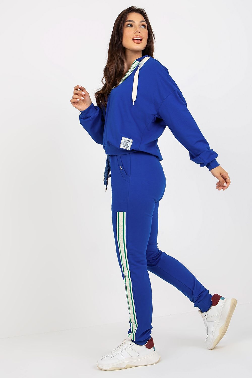 Luxurious blue cotton-blend hoodie and long pants set, designed for ultimate comfort and style, perfect for chic casual outings.
