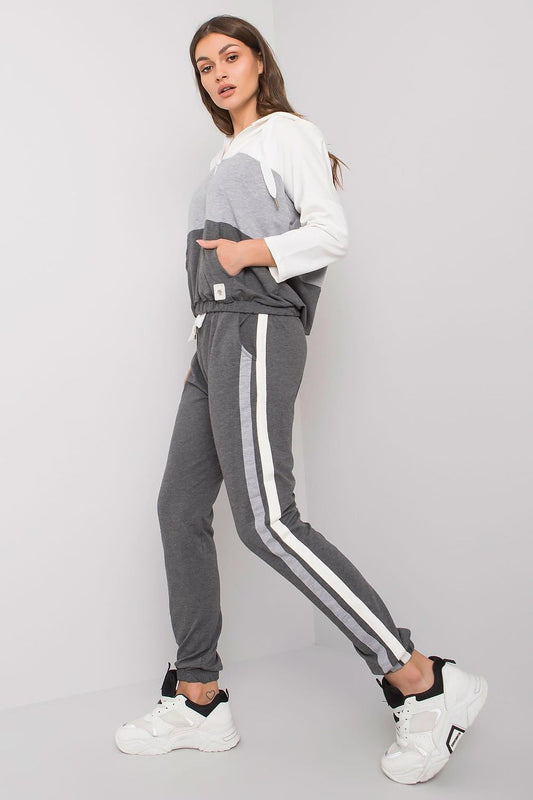 Elegant women’s cotton sweatshirt set in shades of grey featuring 3/4 sleeves and a stylish hood, paired with long pants, perfect for luxury leisurewear.