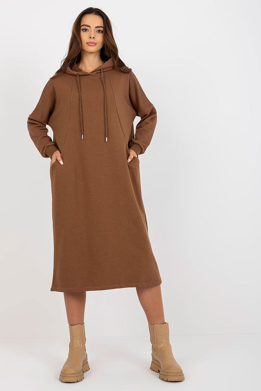 Elegant loose-fitting cotton spandex sweat dress featuring a hood and side pockets, styled in rich brown, perfect for laid-back luxury.