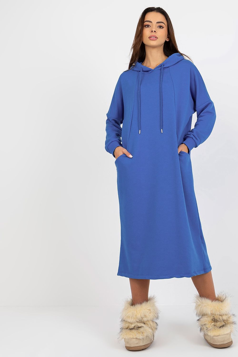 Stunning blue hooded sweat dress crafted from soft cotton spandex, featuring side pockets for added functionality, epitomising luxury comfort.