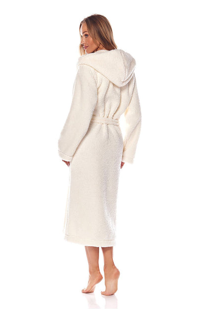 Elegant back view of a women's hooded bathrobe in soft knit fabric, showcasing the waist tie and plush texture, ideal for cozy comfort.