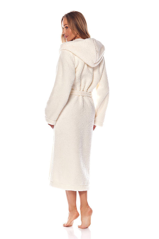 Elegant back view of a women's hooded bathrobe in soft knit fabric, showcasing the waist tie and plush texture, ideal for cozy comfort.