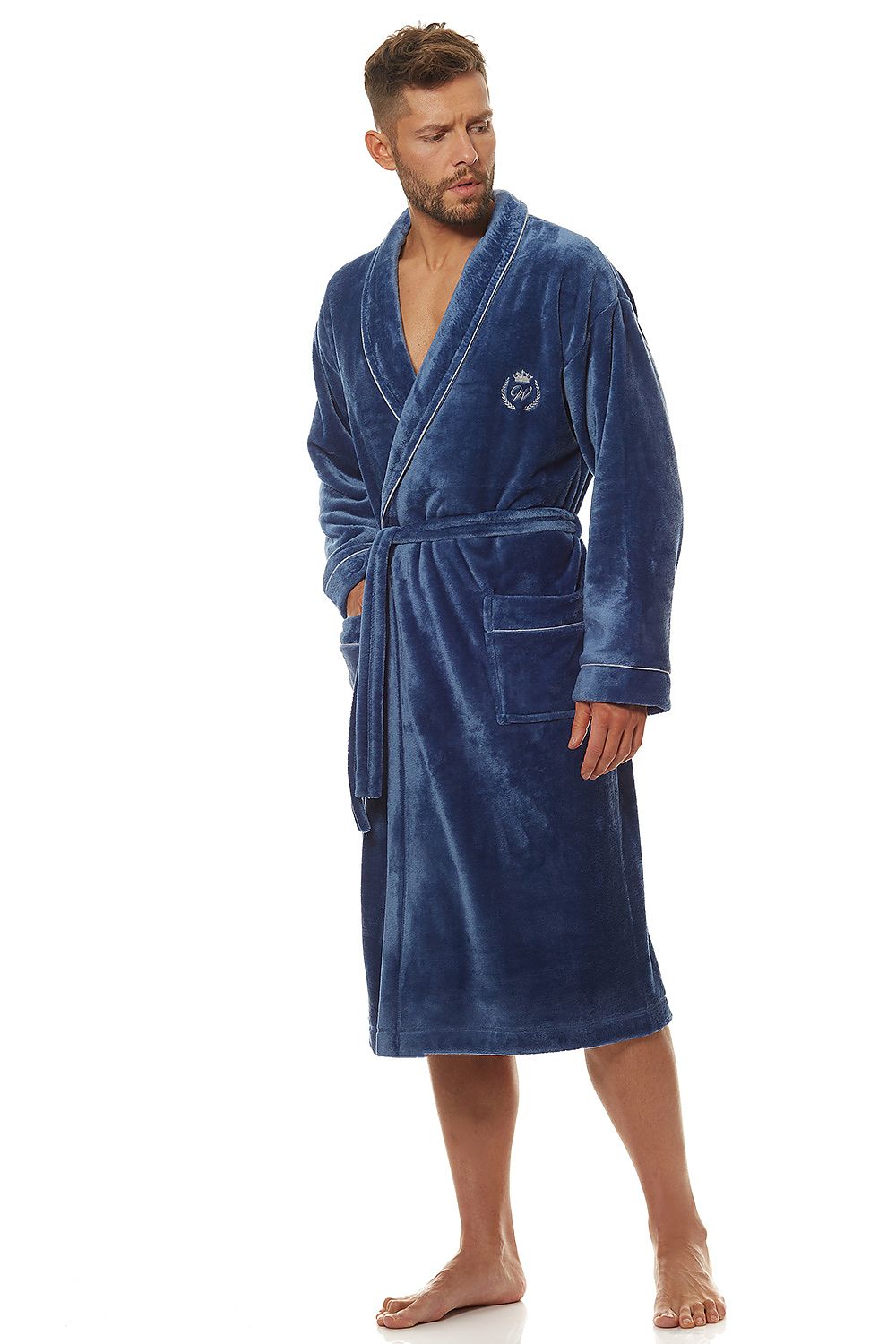 Elegant men's luxury soft knit bathrobe in rich navy blue, featuring a classic design with external pockets and a tied waist for added comfort. Perfect for relaxation and sophistication.