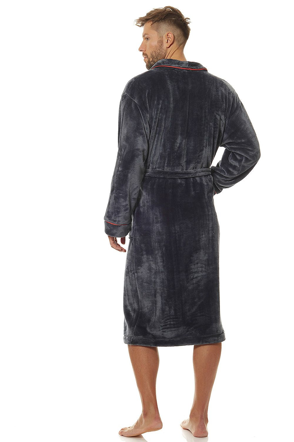 Back view of a luxury classic men's bathrobe made of soft knit fabric, displaying the relaxed fit and shawl collar design, emphasising sophistication and comfort.