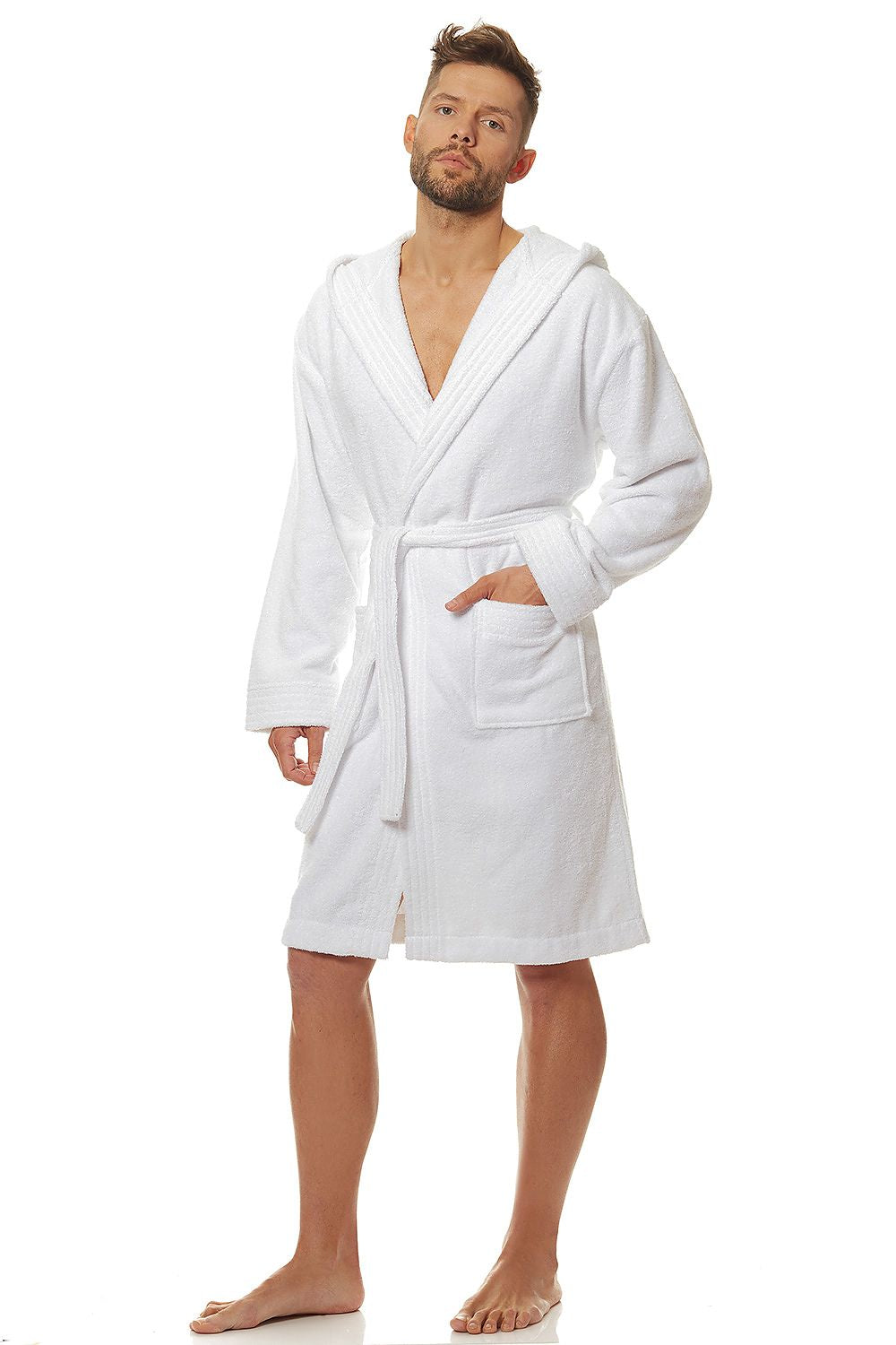 Luxury men's hooded cotton bathrobe in classic white, featuring a stylish cut, two side pockets, and a comfortable tie waist. Ideal for relaxation and a sophisticated addition to any bathroom decor.