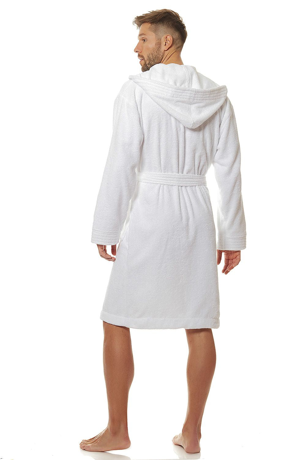 Elegant luxury men's hooded cotton bathrobe by L&L Collection, showcased in classic white. The image displays the back view, emphasizing the soft texture, stylish design, and practical pockets, making it an ideal addition to any upscale bathroom.
