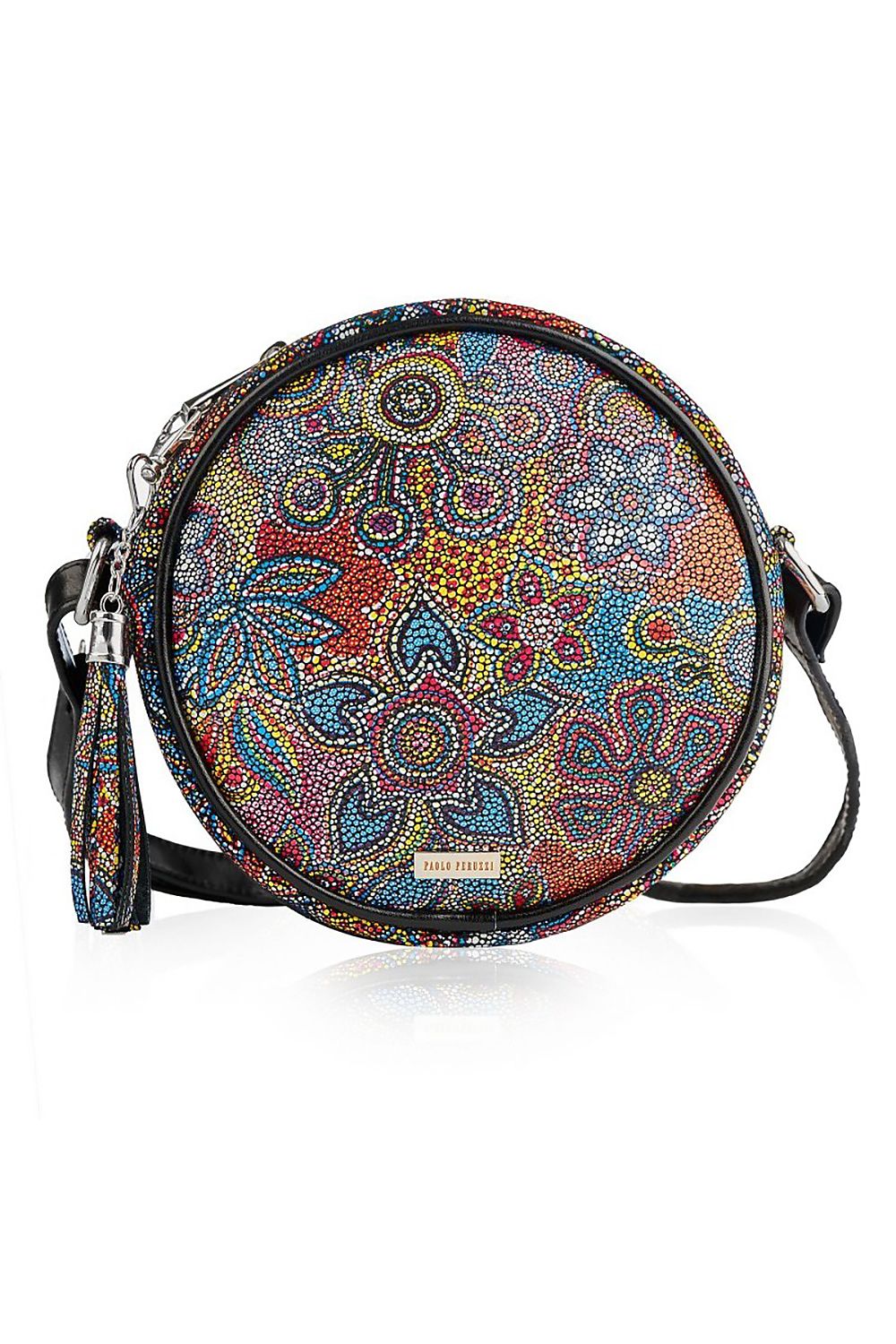 Chic round women's handbag in vibrant floral design, showcasing a blend of colourful patterns with a sleek black leather strap, perfect for sophisticated styling and everyday elegance.