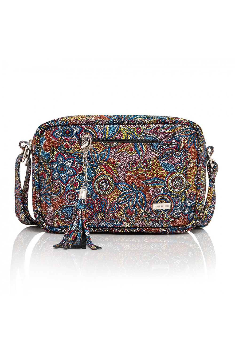Elegant natural leather women's handbag featuring a vibrant floral print, complete with an adjustable strap and tassel detail, exuding luxury and style.