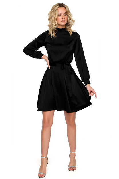 Stylish black satin dress featuring a high neckline and flared skirt, perfect for an elegant evening look with a tied belt.