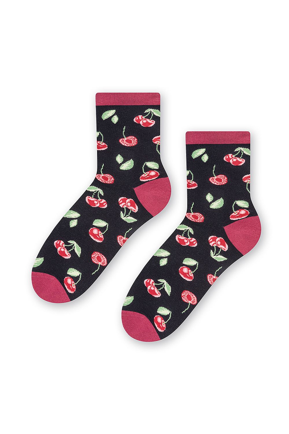 Chic women's cotton ankle socks with a vibrant cherry design on a dark background, perfect for fashionable everyday wear.