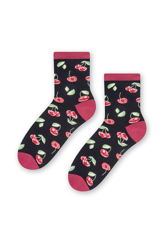 Chic women's cotton ankle socks with a vibrant cherry design on a dark background, perfect for fashionable everyday wear.