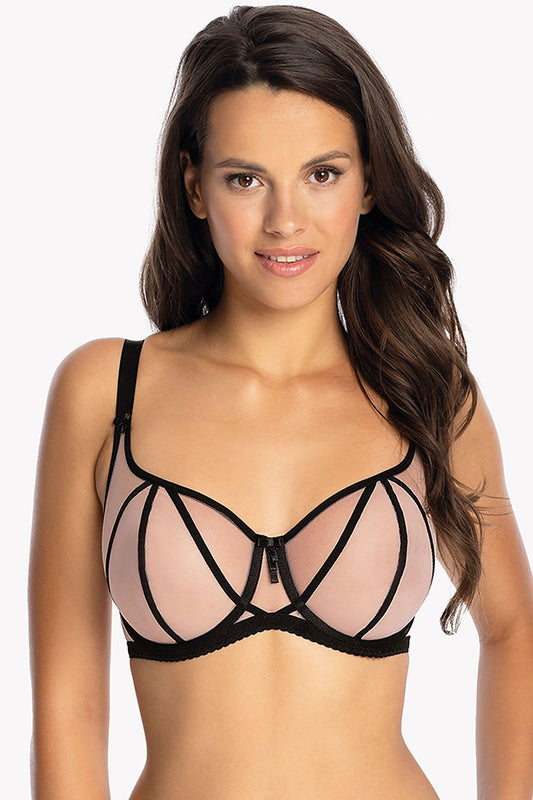 Gaia Soft Gaia balconette bra in light pink tulle with elegant black ribbons, showcasing unique striped design enhancing bust shape.