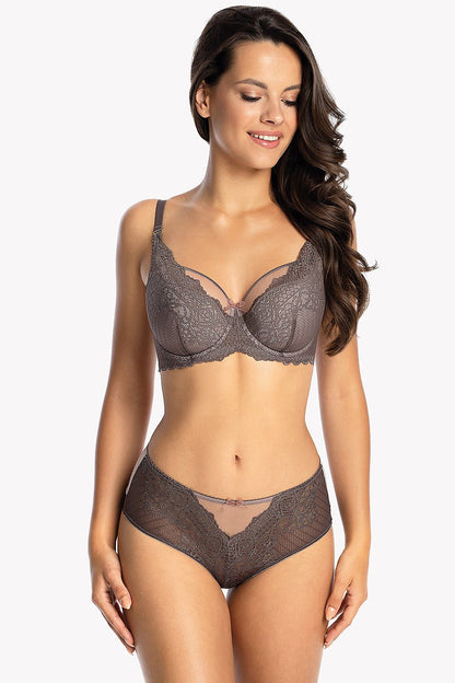 Elegant Gaia bra set with matching lace panties, showcasing exquisite design, foam padding, and supportive structure, perfect for a sophisticated lingerie collection.