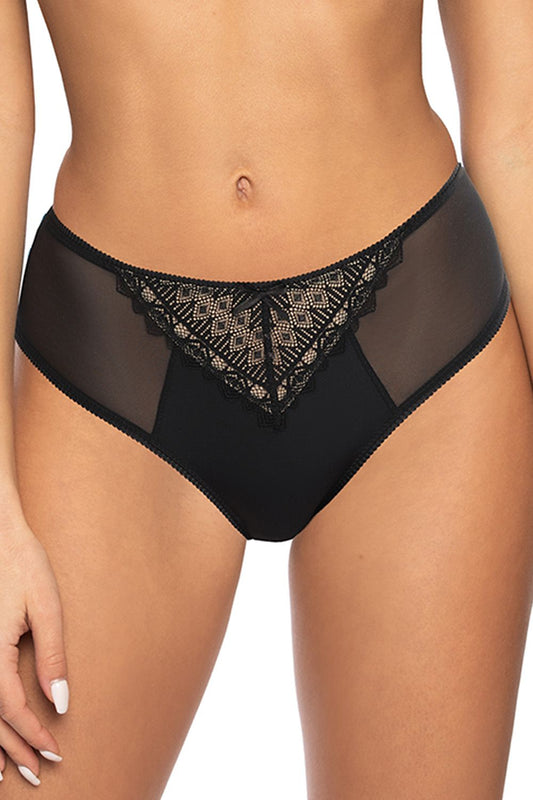 Luxury black women's lace-trimmed panties featuring a smooth cotton and spandex blend, designed for elegance and comfort.