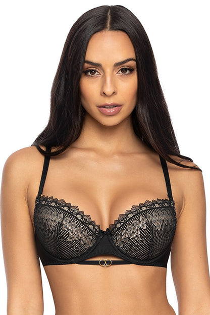Luxury lace-trimmed push-up bra featuring removable sponges, adjustable straps, and exquisite detailing for an elegant look.