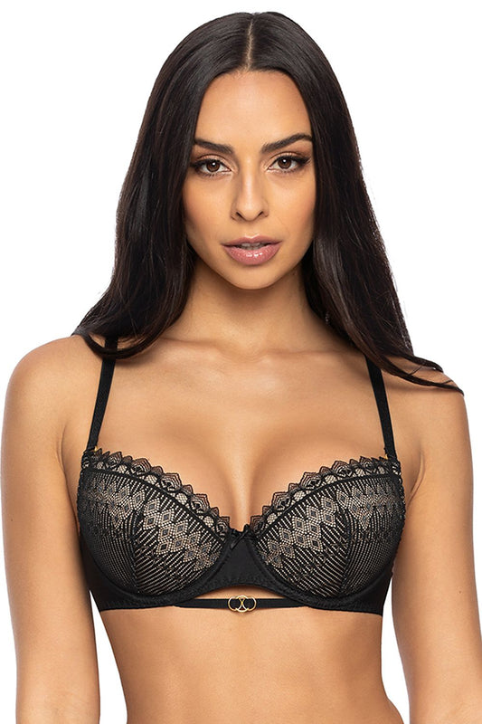 Luxury lace-trimmed push-up bra featuring removable sponges, adjustable straps, and exquisite detailing for an elegant look.