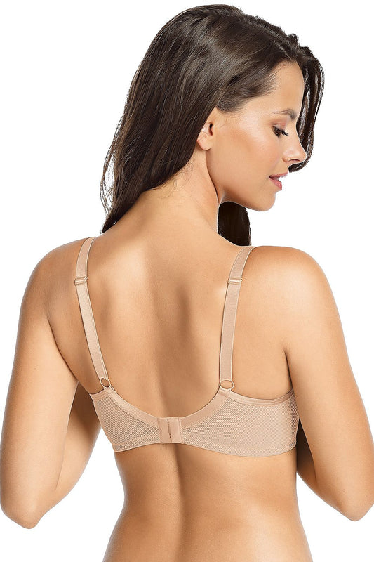 Back view of a luxurious beige seamless bra with a soft elastic mesh back. Highlights comfort and a seamless design for a refined fit.