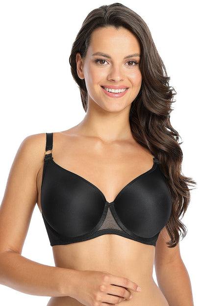 Front view of a refined black seamless bra with thermally molded cups, showcasing a luxurious design perfect for enhancing the natural silhouette.