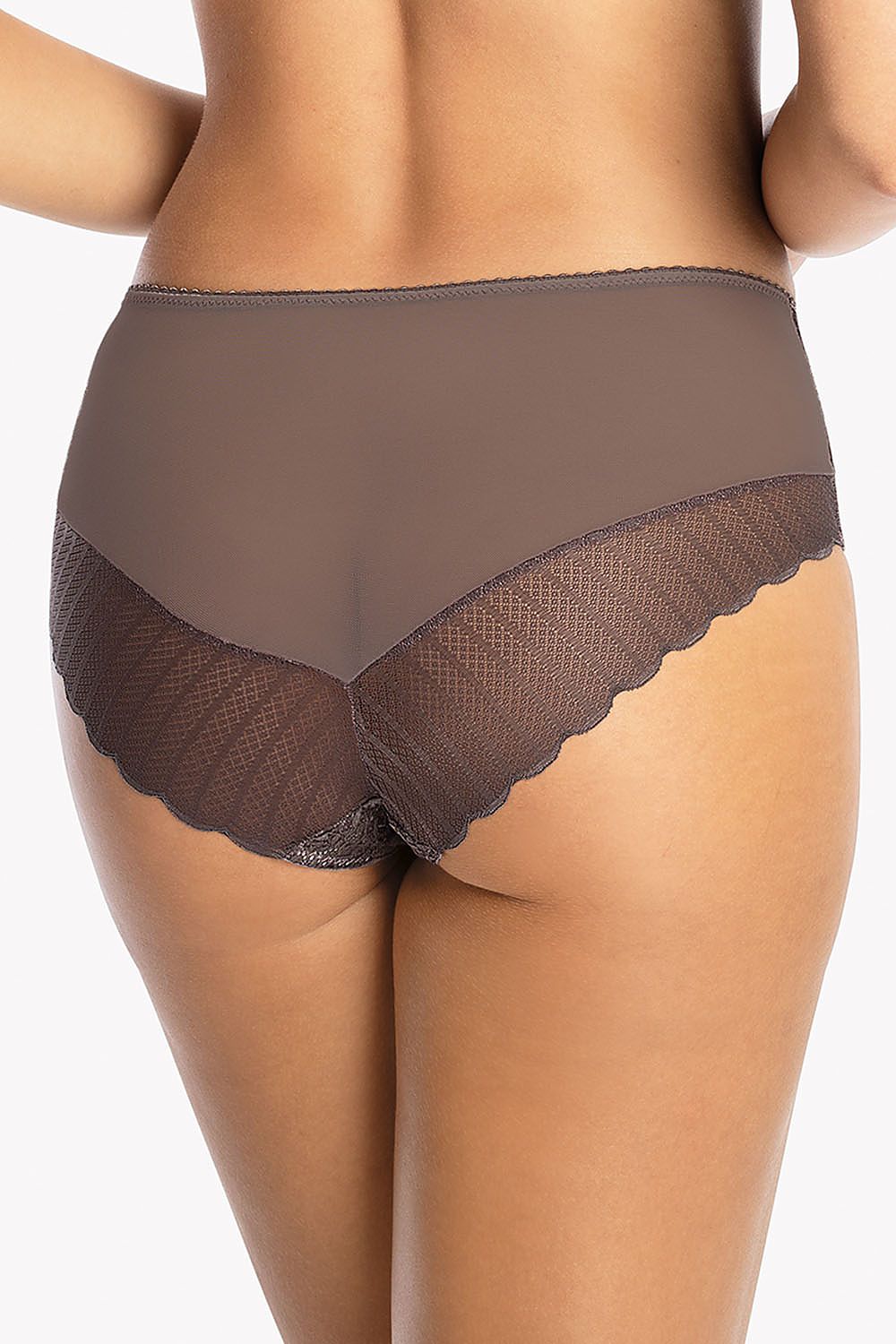 Luxurious rear view of women's panties featuring a classic full cut, combining smooth mesh with delicate lace edges, ideal for a refined silhouette.