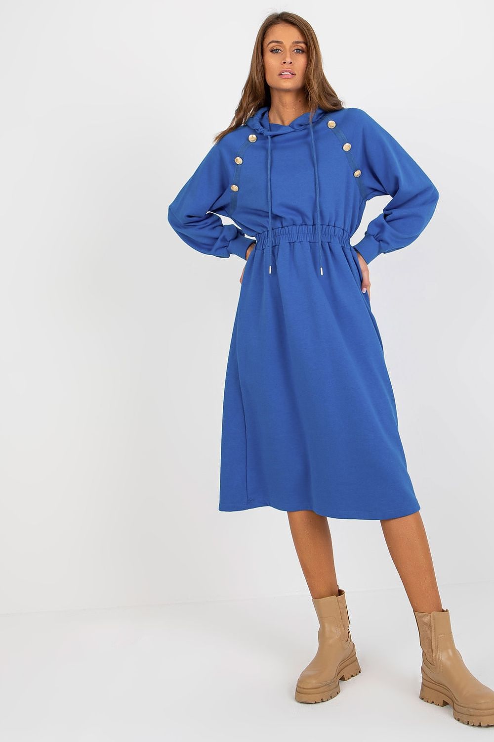 Sophisticated blue cotton hoodie dress with long sleeves and ornamental buttons, showcasing a relaxed fit with an elastic waist, perfect for casual luxury.