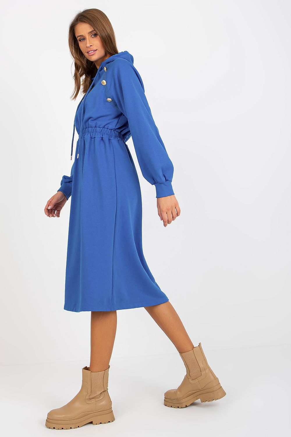Side view of an exquisite blue hoodie dress featuring long sleeves and decorative buttons, designed with an elastic waist for comfort and style.