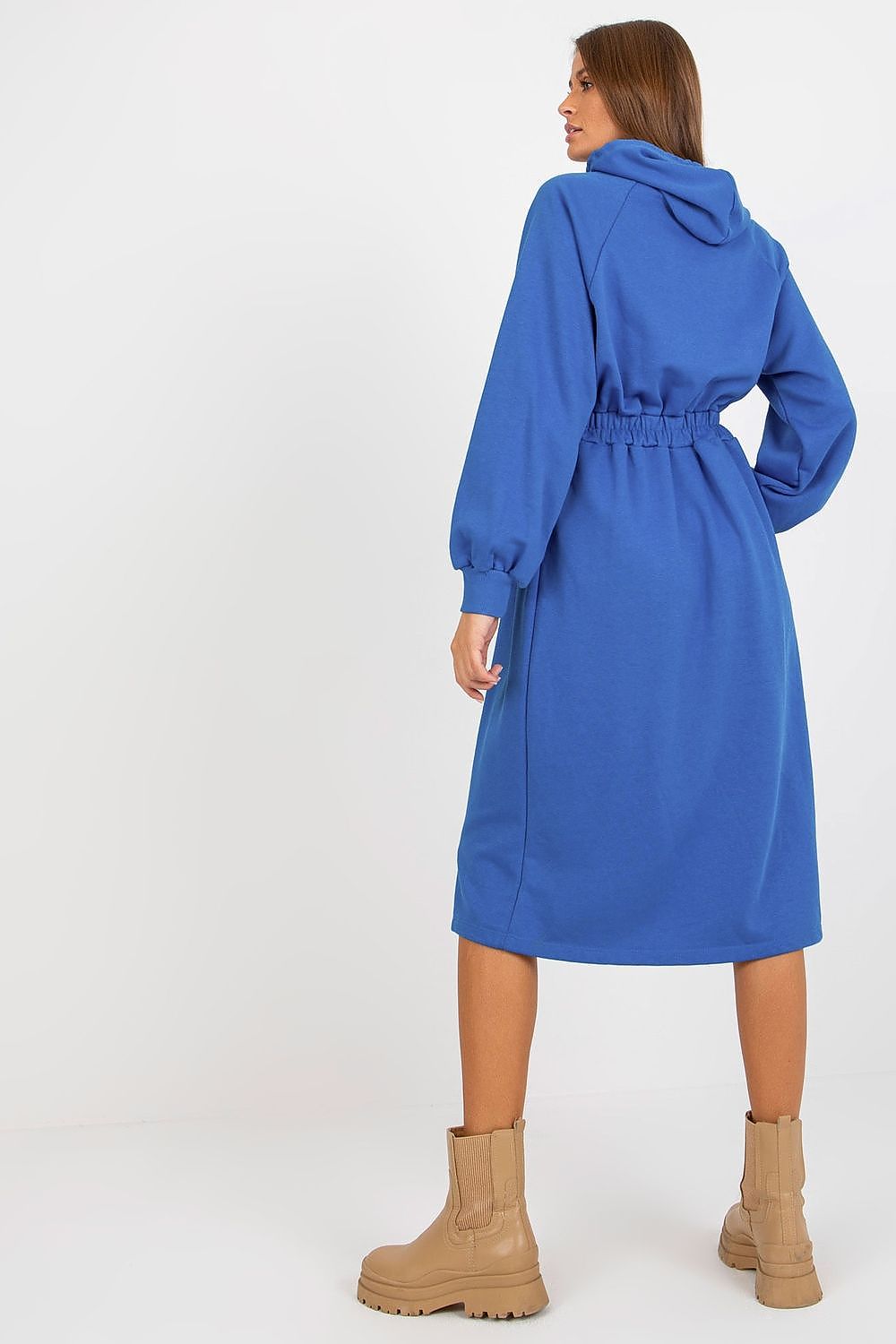 Elegant blue cotton hoodie dress from the back, showcasing a relaxed design with long sleeves and a cinched waist, ideal for a stylish yet comfortable outfit.