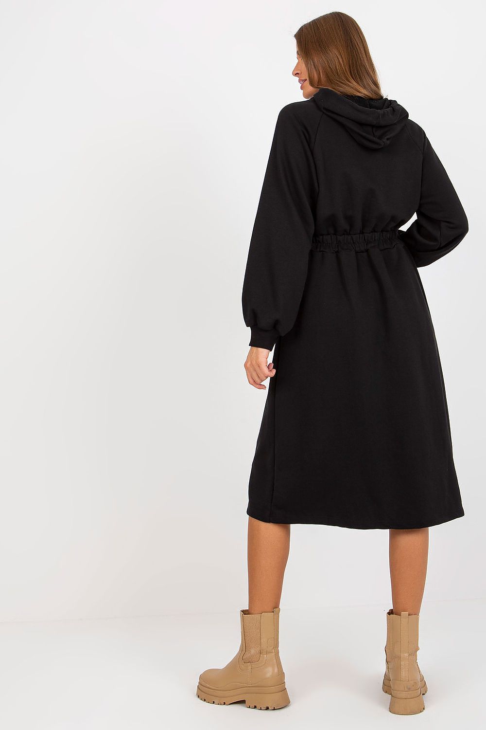 Stylish black casual hoodie dress with elastic waist, back view highlighting its relaxed silhouette and fashionable design.