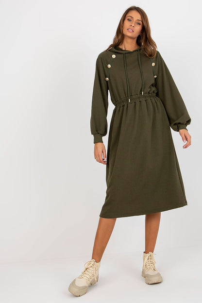 Sophisticated olive green casual hoodie dress with long sleeves and charm-enhancing buttons, ideal for a luxurious look.
