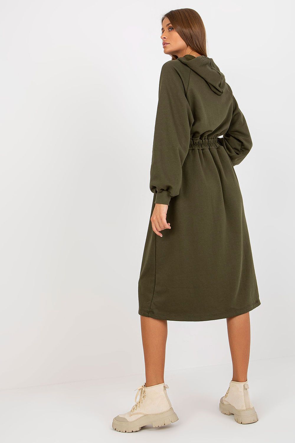 Elegant casual cotton hoodie dress in olive green, featuring long sleeves, a belted waist, and a stylish hood, perfect for luxurious everyday wear.