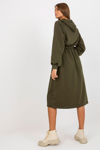 Elegant casual cotton hoodie dress in olive green, featuring long sleeves, a belted waist, and a stylish hood, perfect for luxurious everyday wear.