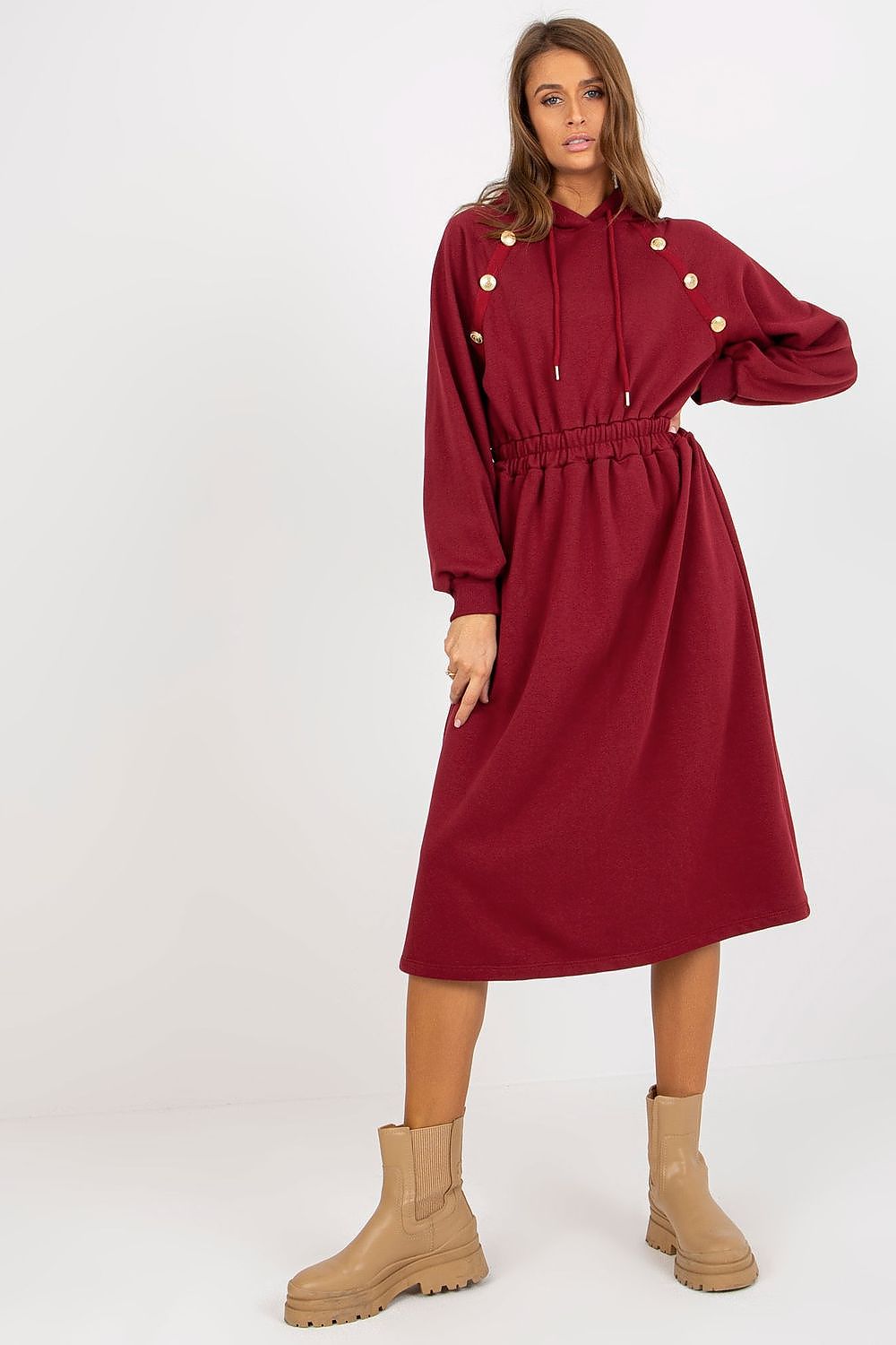 Sophisticated burgundy hoodie dress with intricate button detailing, cinched at the waist, ideal for a fashionable and relaxed appearance.