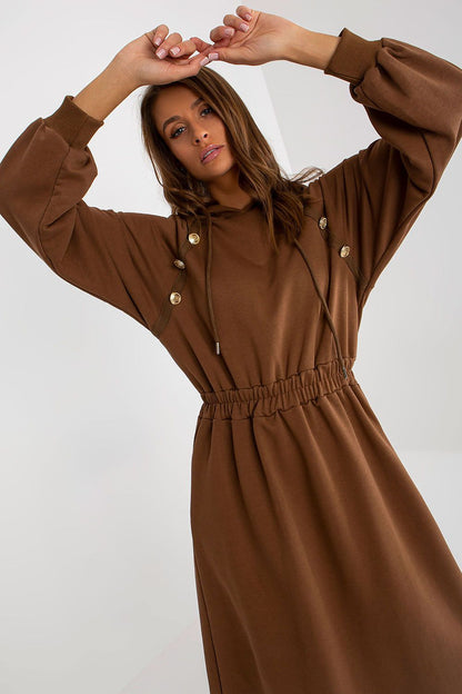 Luxurious brown hoodie dress featuring a stylish design with button accents and a cinched waist, perfect for a chic and comfortable outfit.