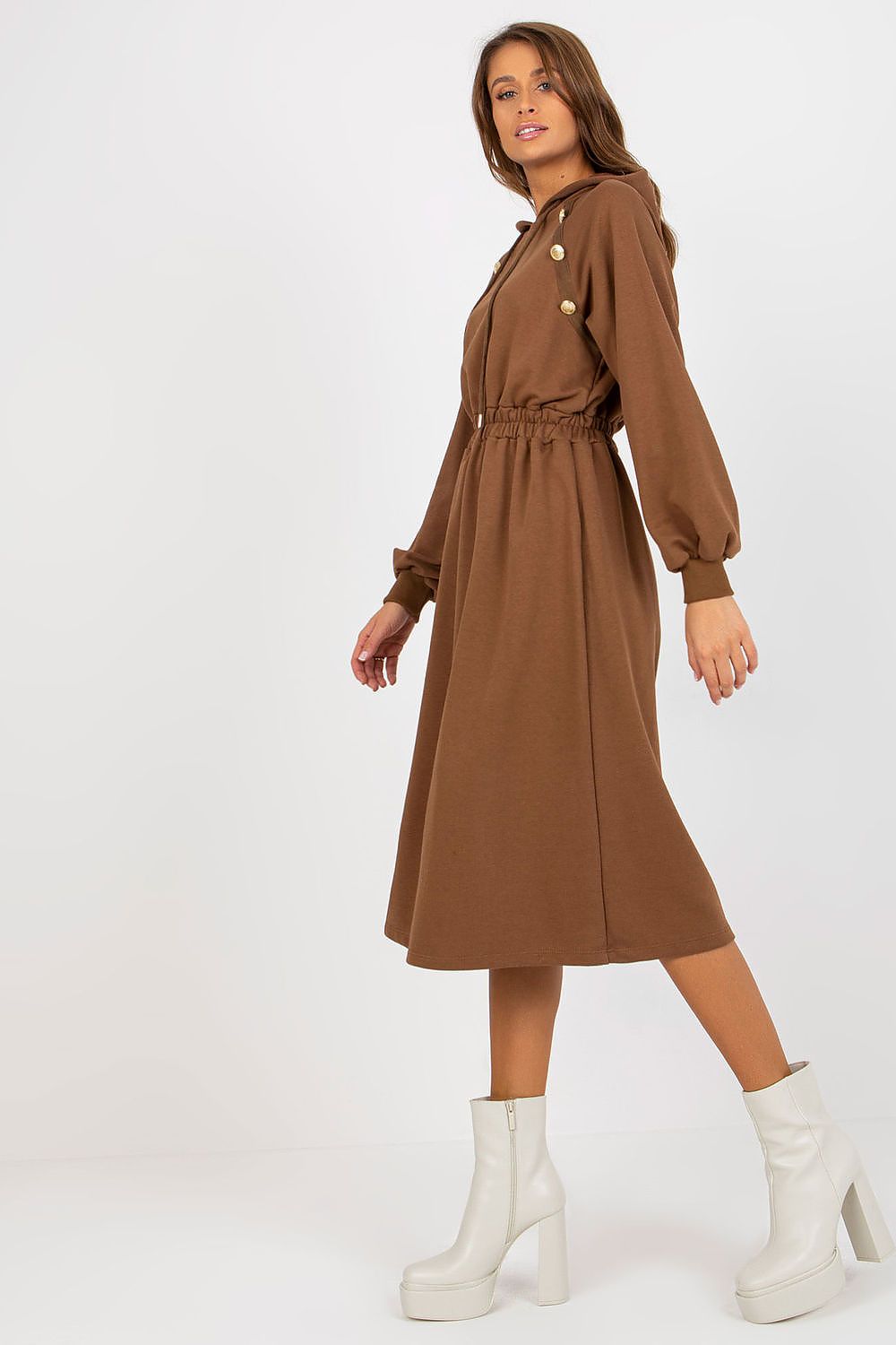 Elegant brown casual hoodie dress featuring long sleeves and decorative buttons, complemented with a stylish elastic waist, perfect for everyday sophistication.