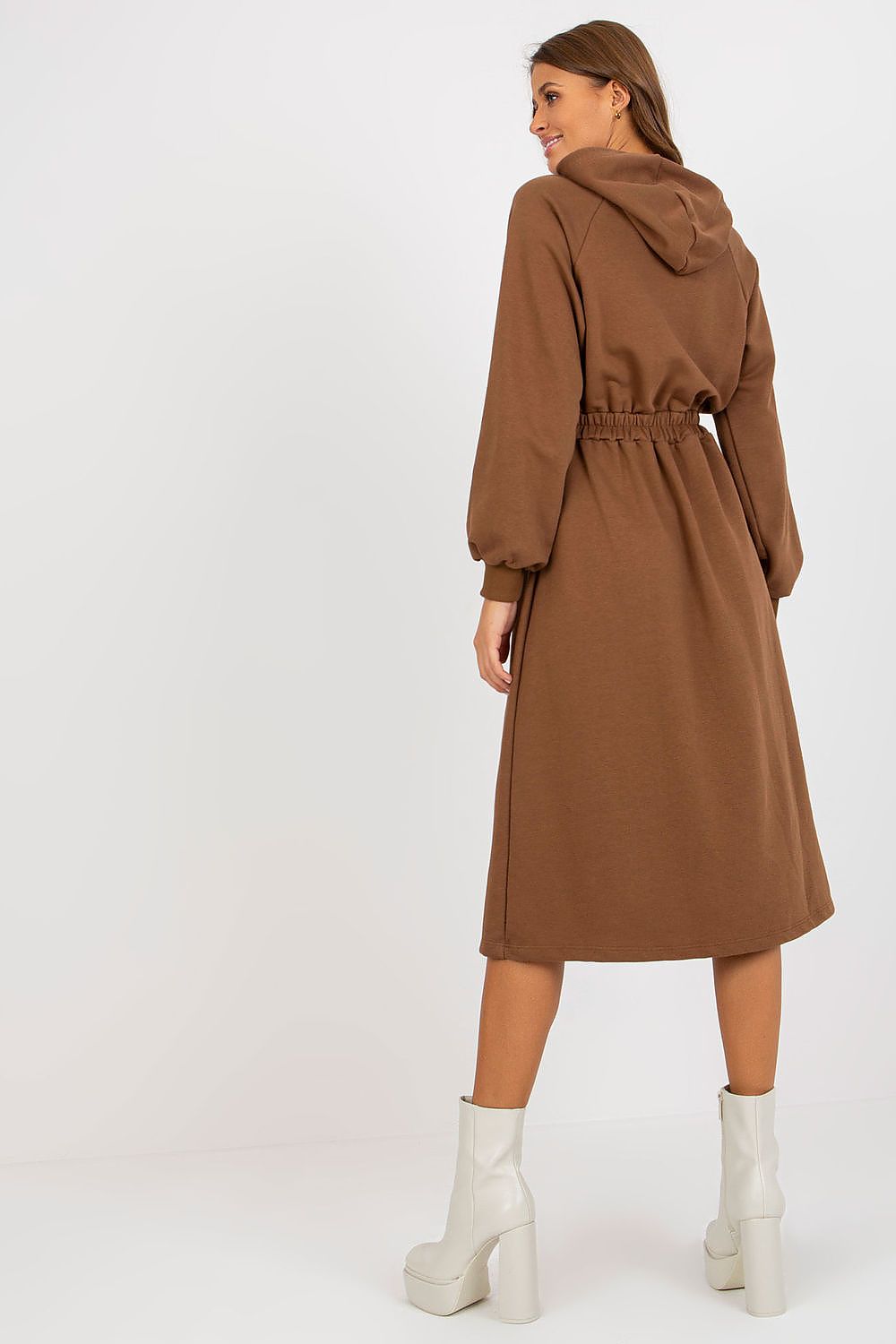Chic brown hoodie dress showcasing a back view with long sleeves and an elastic waist, embodying comfort and luxury for casual outings.