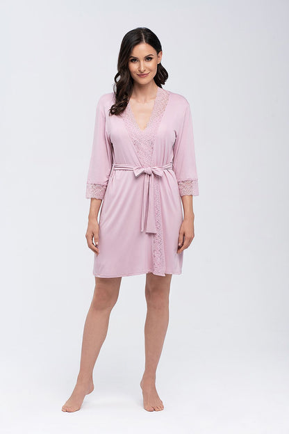 Luxury pink lace bathrobe for women with 3/4 sleeves, featuring a soft viscose fabric and a waist belt, ideal for elegant lounging.