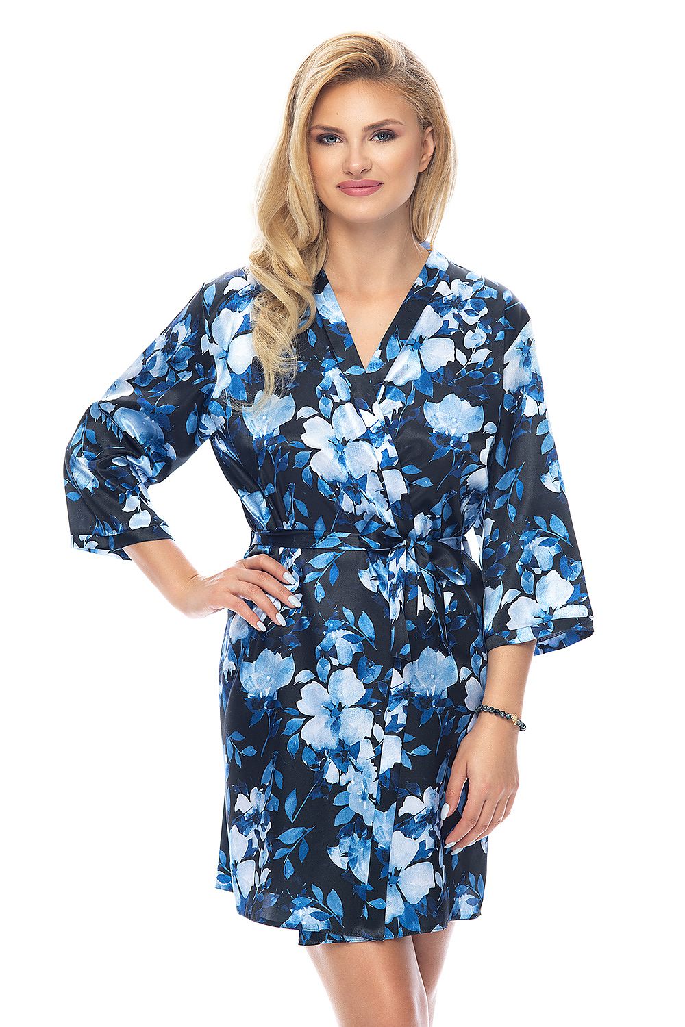 Elegant Irall satin floral ladies' bathrobe featuring 3/4 sleeves and a satin belt, model exuding sophistication and style.