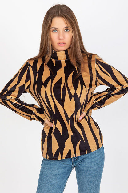 Fashion-forward velour blouse in gold and black animal print, featuring a high collar, designed for stylish women who appreciate luxury.