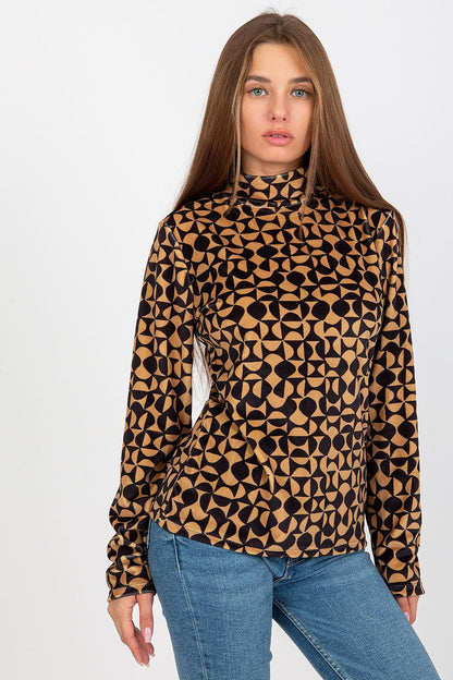 Stylish velour blouse featuring a unique geometric pattern, long sleeves, and a stand-up collar, perfect for a luxurious wardrobe.