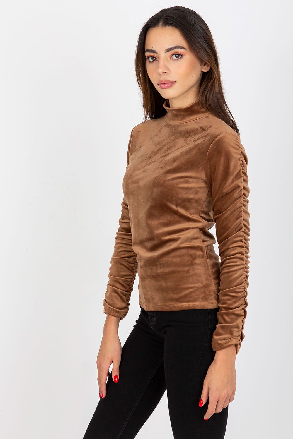 Chic brown velour stand-up collar blouse with elegant ruched sleeves, presented by a poised female model.