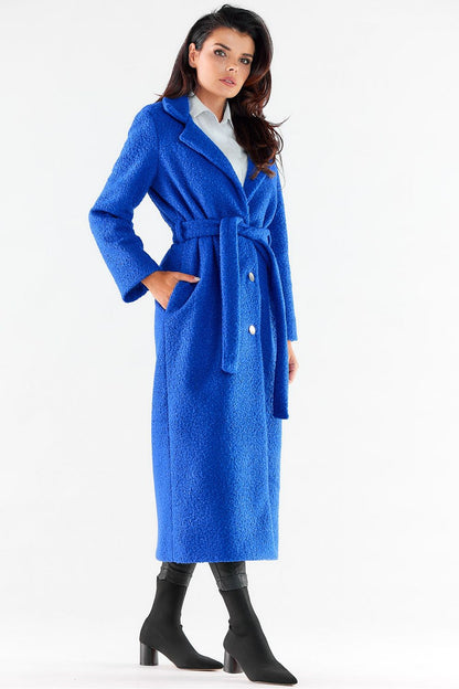 Chic front view of the royal blue maxi coat by Awama, highlighting the luxurious fabric and tailored silhouette, perfect for stylish winter layering.