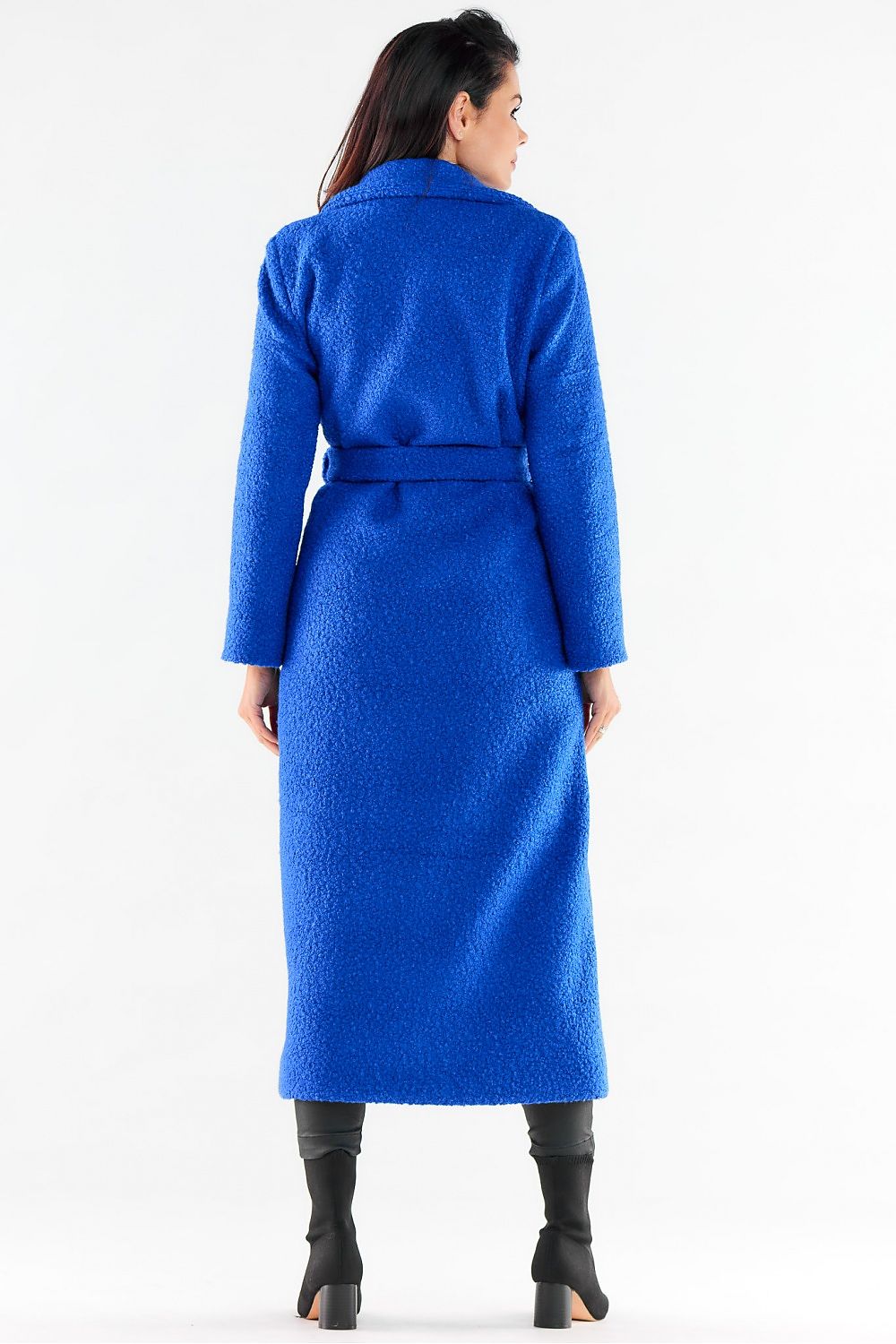 Graceful back view of the royal blue long coat by Awama, featuring a belted design and elegant cut, ideal for making a fashion statement.