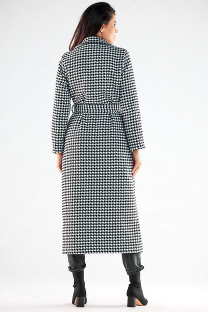 Back view of the luxurious houndstooth maxi coat by Awama, showcasing the tailored fit and elegant belted design, ideal for upscale casual wear.