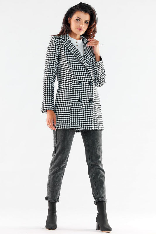 Sophisticated double-breasted women's coat by Awama, featuring a classic houndstooth pattern, large black buttons, and a modern silhouette, perfect for elevating any outfit. Fully lined for comfort and available in multiple sizes.