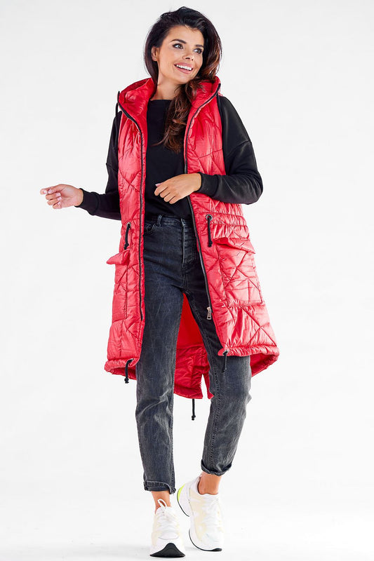 Stunning red quilted hooded gilet by Awama, featuring a chic design and adjustable elements, worn by a model who embodies autumn elegance.