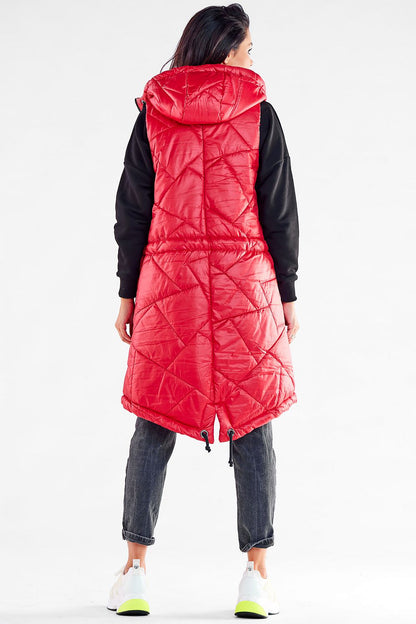 Elegant red quilted hooded gilet from Awama, designed for autumn evenings, featuring adjustable waist and pockets, model shown from the back.