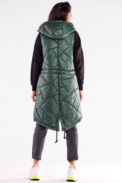Fashionable green quilted hooded gilet by Awama, photographed from the back, highlighting the adjustable features and modern design.