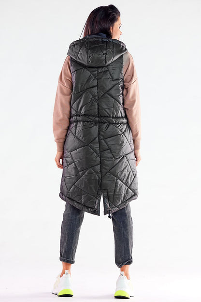 Chic view of the back of a luxury quilted hooded gilet by Awama, highlighting its stylish design and adjustable waist, perfect for cool autumn days.