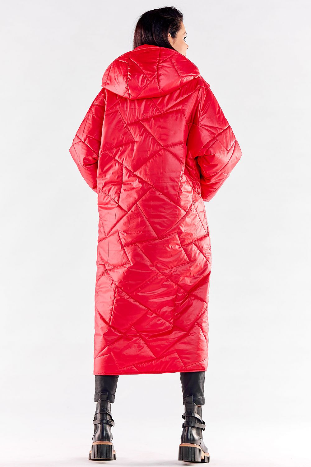 Sophisticated back view of a long red quilted coat showcasing its large hood and elegant design, ideal for cooler weather.